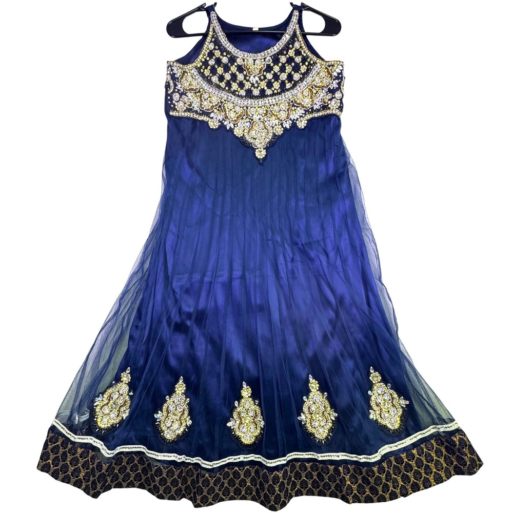 Royal Blue Gold Anarkali Gown Women's Small Embellished Sleeveless Formal Indian